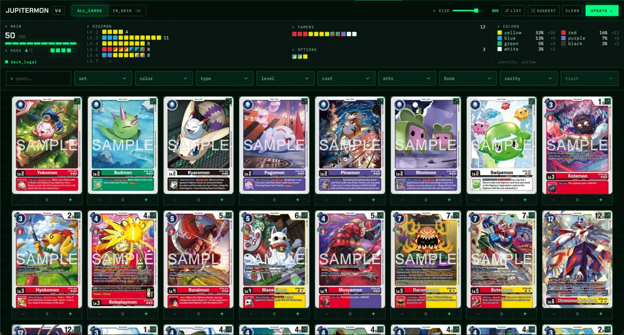 The DigiTrack deck builder: a legal fifty-card yellow list with level and colour counts in the header, above the full card library grid with filters.